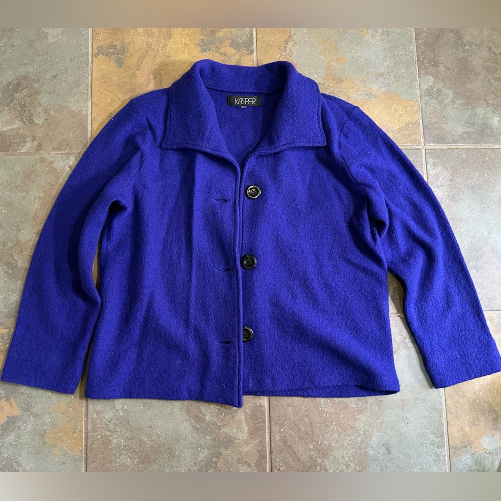 Sold KASPER Cobalt Blue 100% Boiled Wool Knit Jacket Lightweight Women's Large